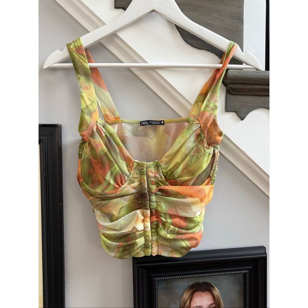 Zara Orange & Green Sheer Mesh Front Hook Cropped Rank Sz S EUC